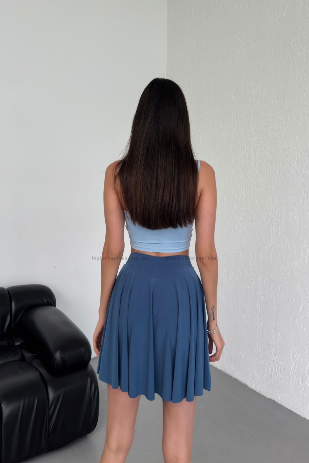 Toptan Volanlı Şortlu Etek İndigo