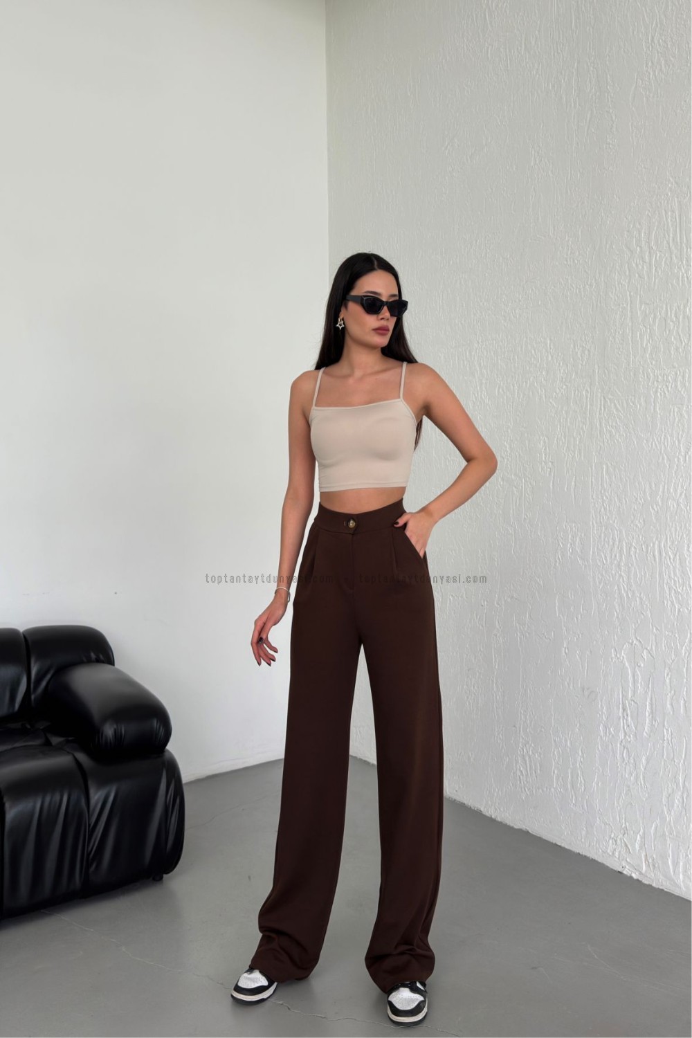 Toptan Pileli Palazzo Pantolon Kahve