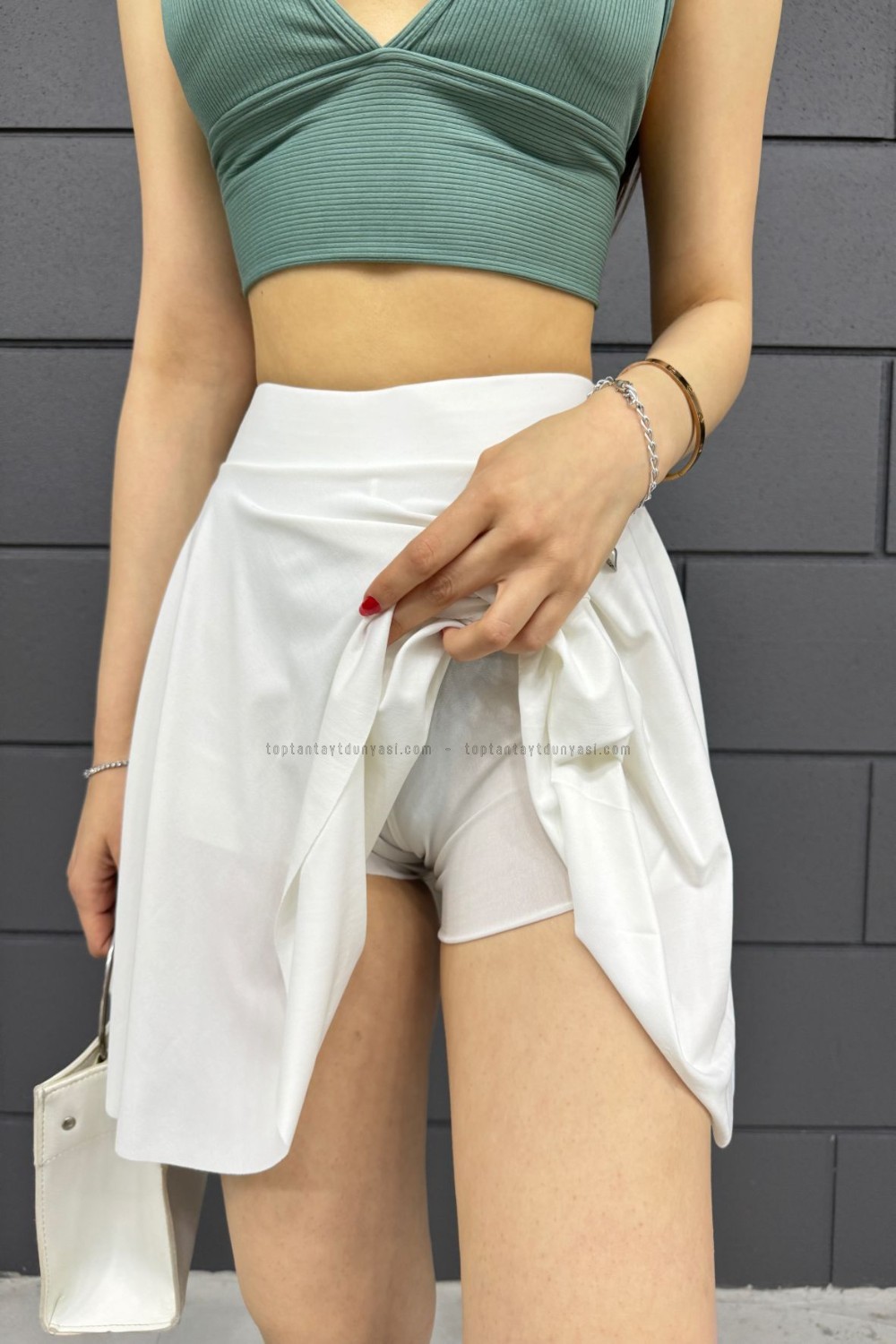 Toptan Volanlı Şortlu Etek Beyaz