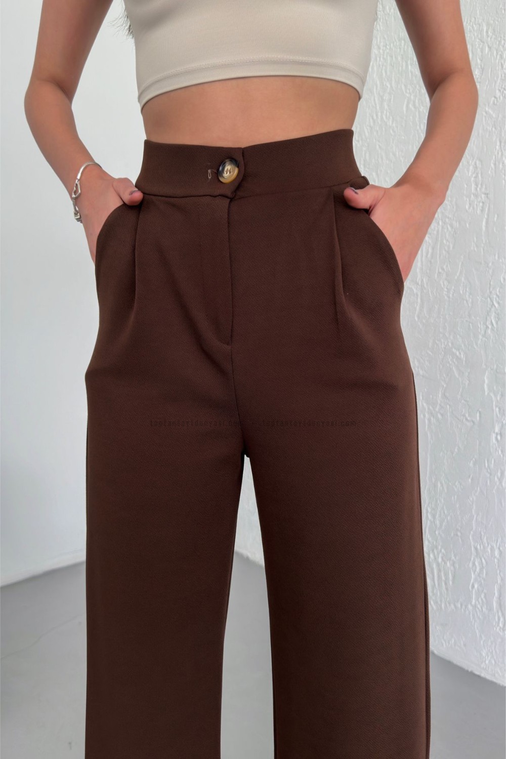 Toptan Pileli Palazzo Pantolon Kahve