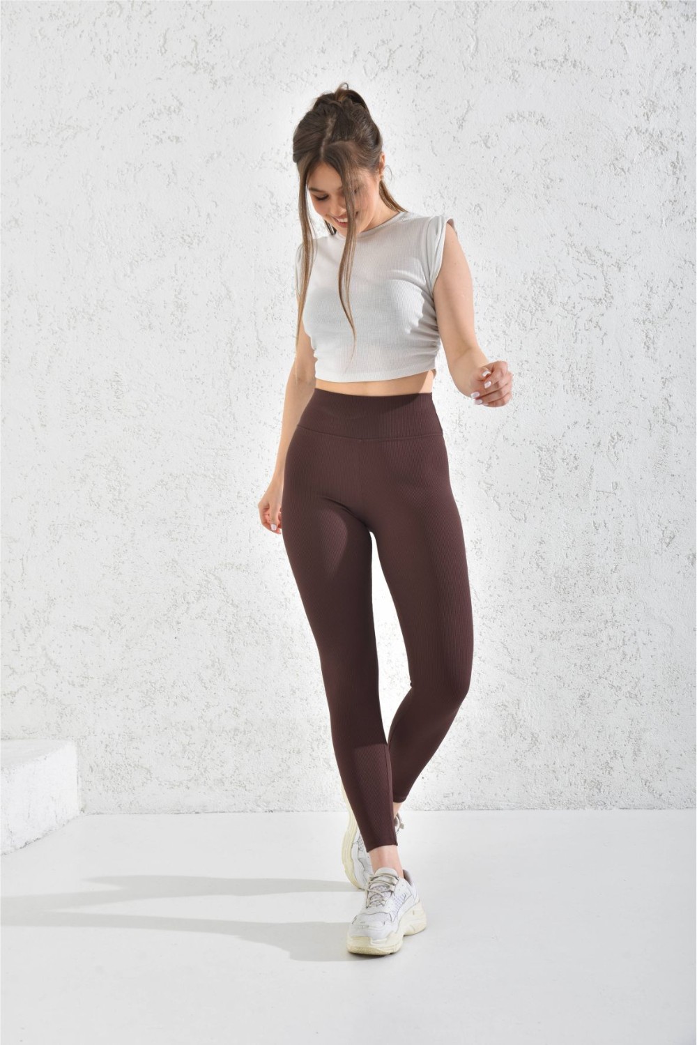 Toptan Fitilli Düz Kemerli Tayt Kahve