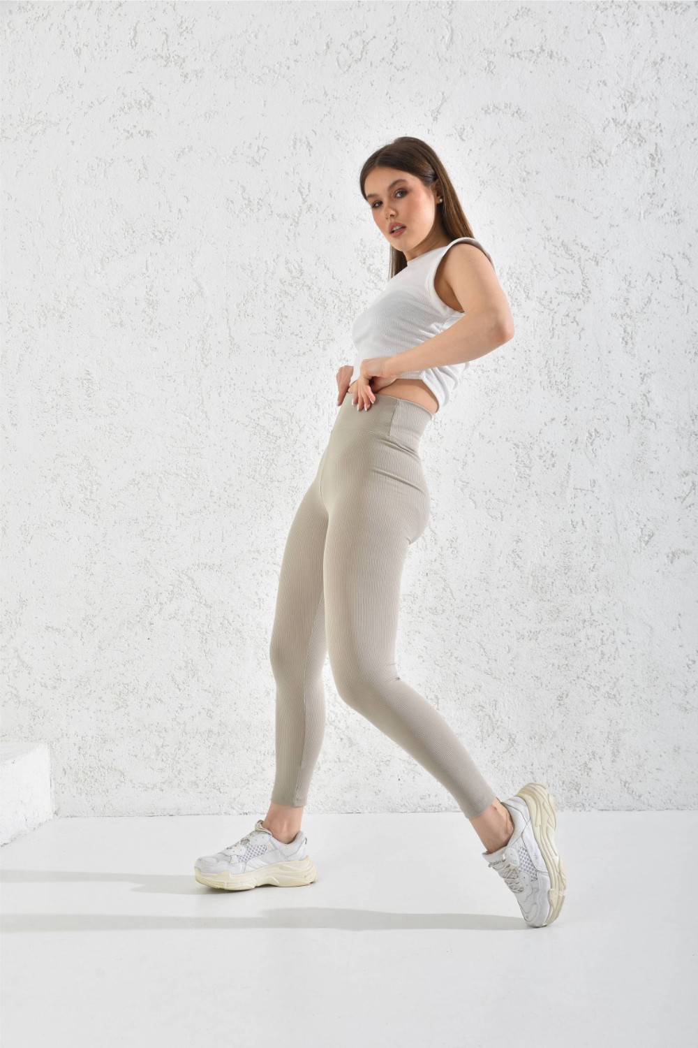 Toptan Fitilli Düz Kemerli Tayt Vizon