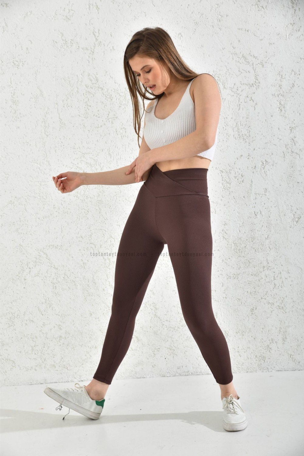 Toptan Fitilli Çapraz Kemerli Tayt Kahve