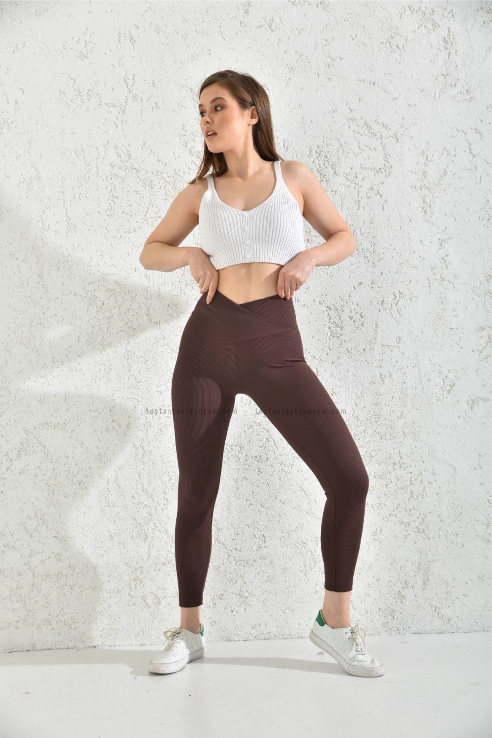 Toptan Fitilli Çapraz Kemerli Tayt Kahve