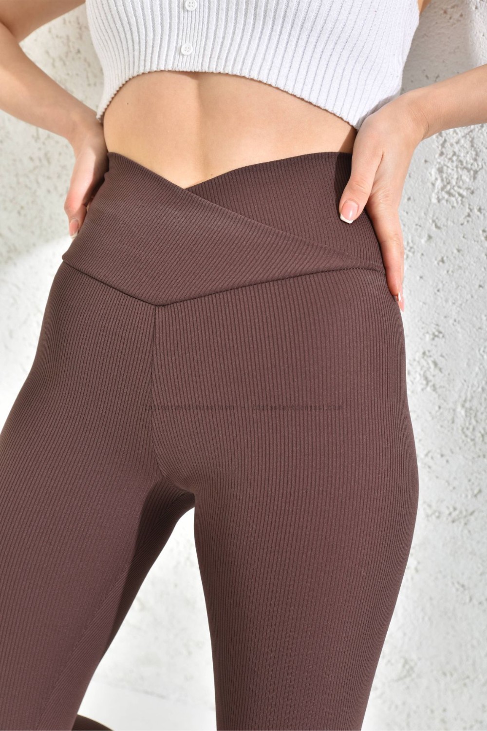 Toptan Fitilli Çapraz Kemerli Tayt Kahve