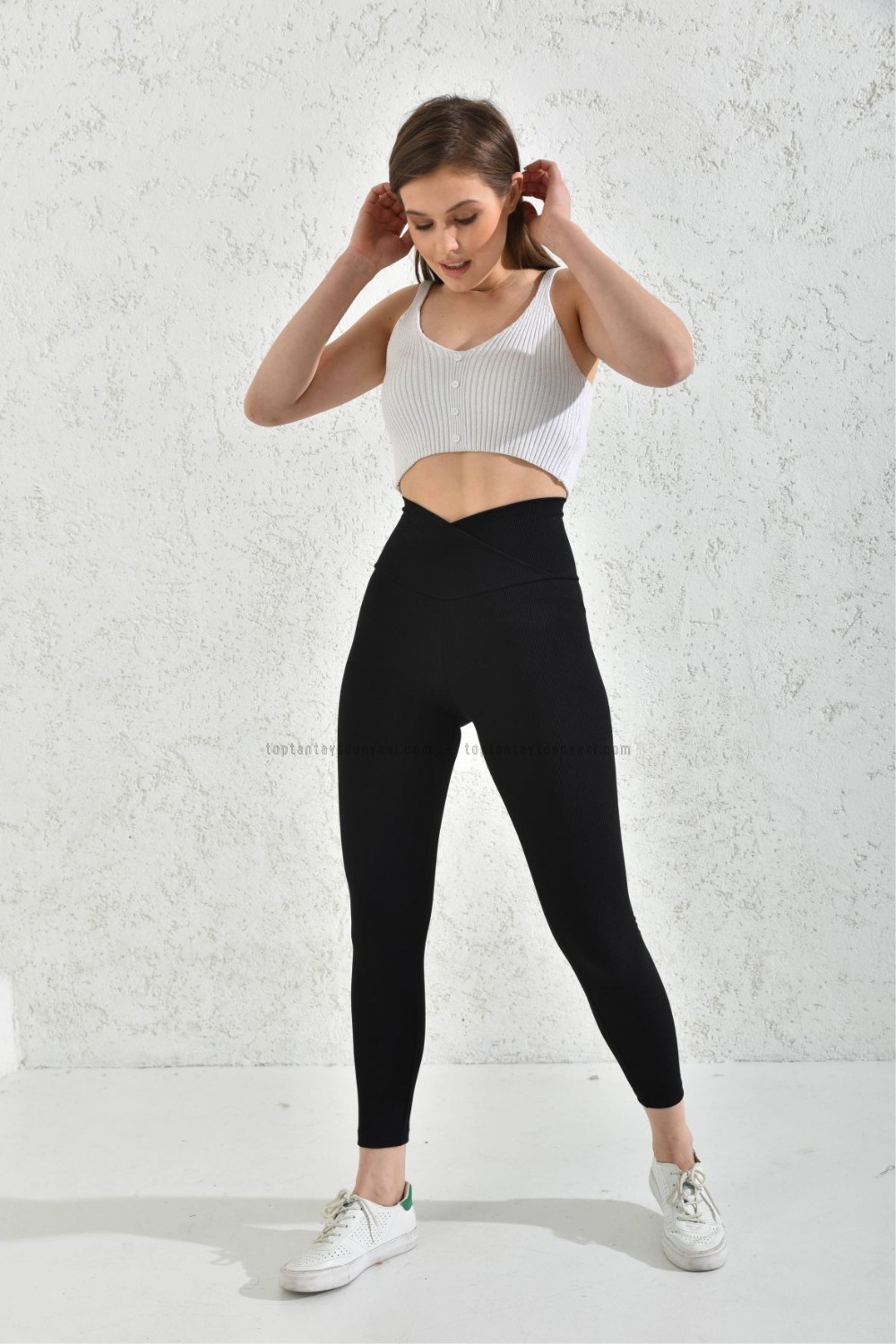  Toptan Fitilli Çapraz Kemerli Tayt Siyah